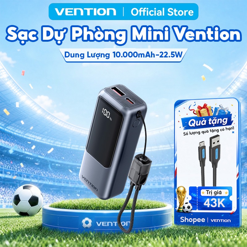 Pin Sạc Dự Phòng Mini 22.5W 10000mAh Vention Tích Hợp Dây Type C, Màn LED Hiển Thị,Hỗ Trợ Sạc Nhanh, Thiết Kế Nhỏ Gọn | BigBuy360 - bigbuy360.vn