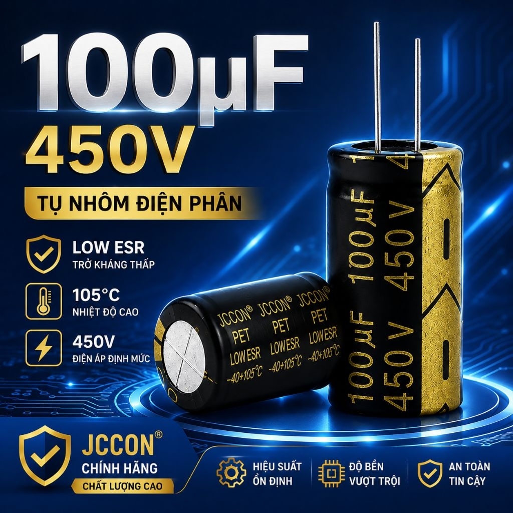 Tụ Hóa JCCON 100uF 450V  18x35Low ESR 105°C Tụ Nhôm Điện Phân Chất Lượng Cao