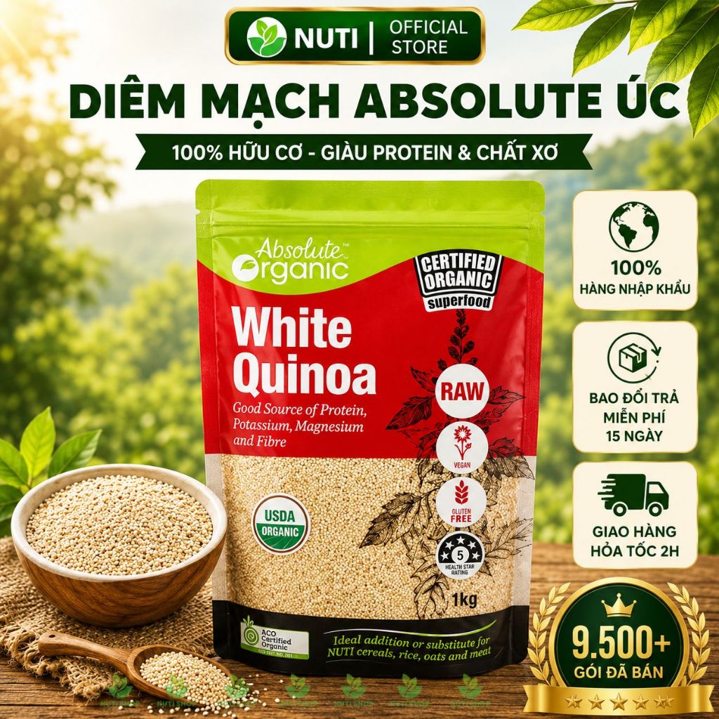 【NHẬP KHẨU CHÍNH NGẠCH】Hạt Diêm Mạch Trắng White Quinoa Absolute Organic 1KG –Úc, Eat Clean, Healthy