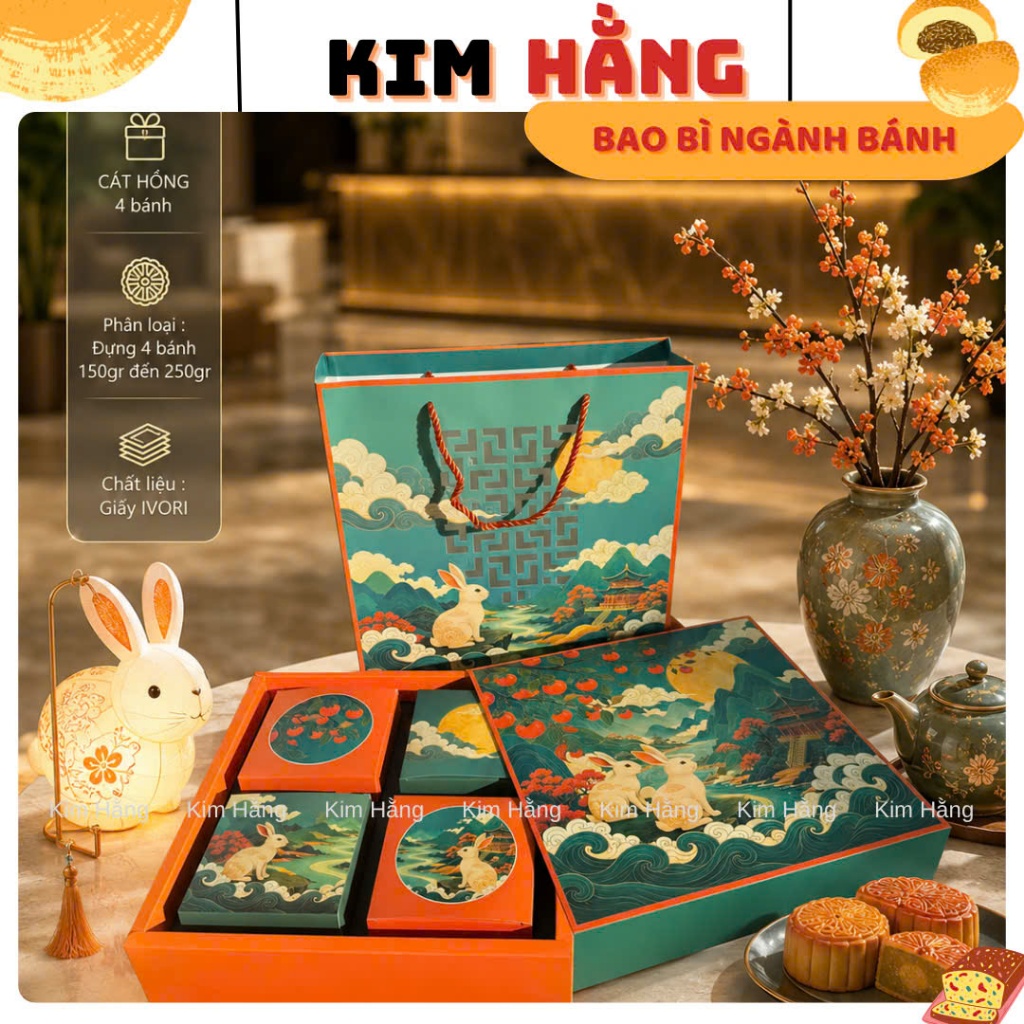 Bộ Túi & Hộp Đựng 4 Bánh Trung Thu CÁT HỒNG - Hộp Đựng 4 Bánh Trung Thu 150gr - 250gr . Mẫu Mới 2026