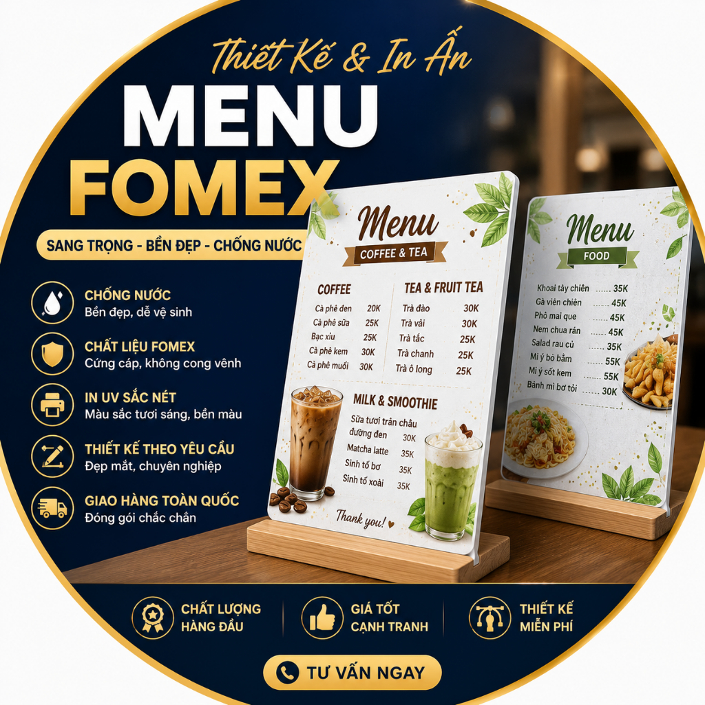 Menu Fomex Để Bàn Cao Cấp | Thiết Kế & In Menu Chống Nước, Bền Đẹp Cho Quán Cafe - Trà Sữa - Nhà Hàn