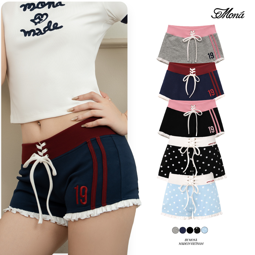 Quần short nữ MONÁ ôm dáng hoạ tiết chấm bi dây rút eo - POPPIE SHORTS | BigBuy360 - bigbuy360.vn