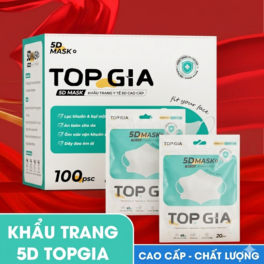 [HỘP 300 CÁI] Cái Khẩu Trang 5D TOPGIA Cao Cấp - Khẩu Trang Y Tế Kháng Khuẩn, Chống Bụi Mịn