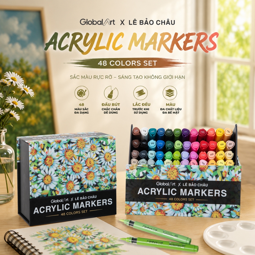 Hộp 48 Màu Acrylic Markers GLOBAL ART x LÊ BẢO CHÂU Cao Cấp, Dải Màu Tươi Sáng Blend Màu Tốt, Vẽ Đượ