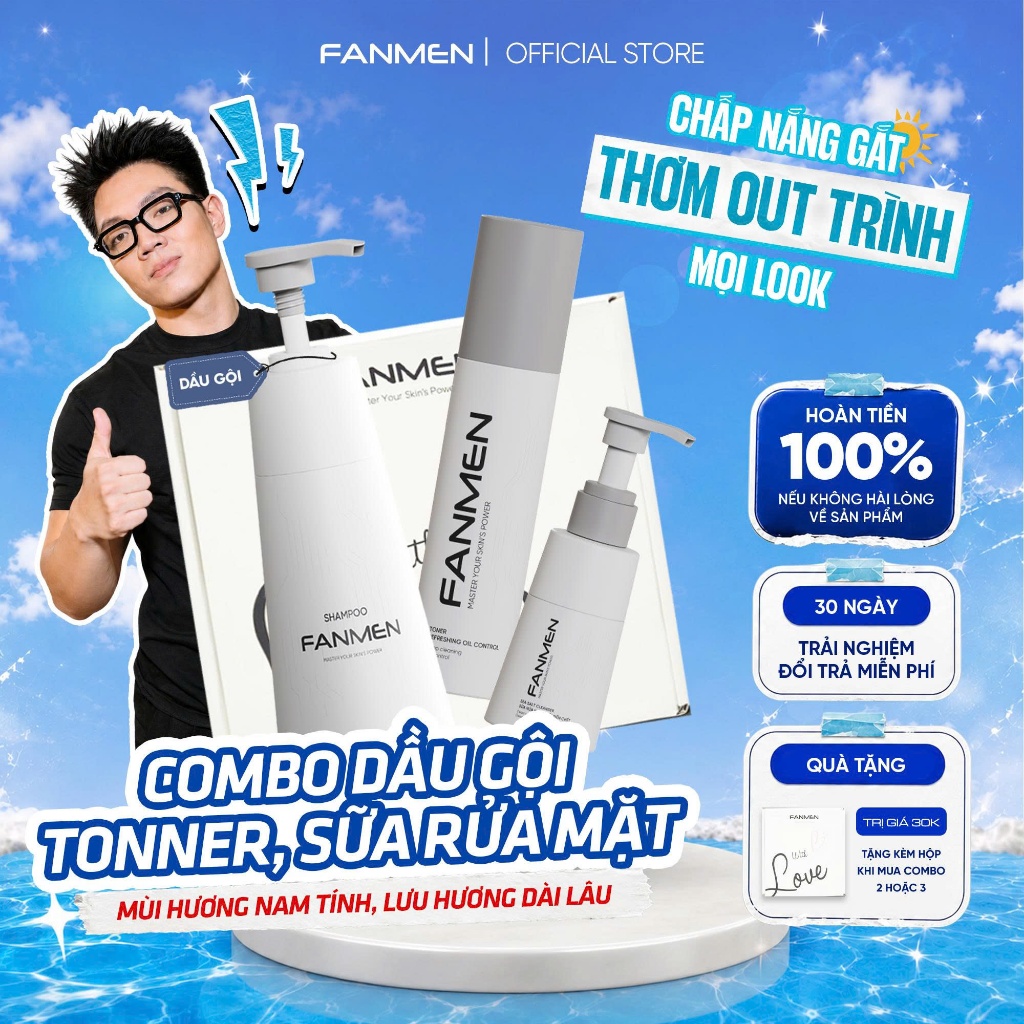 [Combo Chăm Sóc] Dầu gội sạch gàu dưỡng tóc Fanmen 350ml, Sữa rửa mặt muối biển chết sạch sâu và Ton
