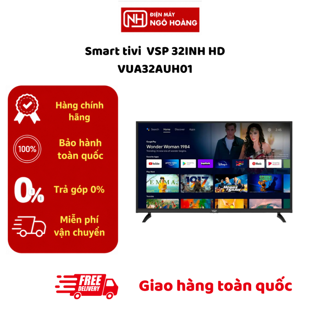 Smart Tivi VSP Android TV 32 inch HD VUA32AUH01, tivi 32 inch HD sắc nét