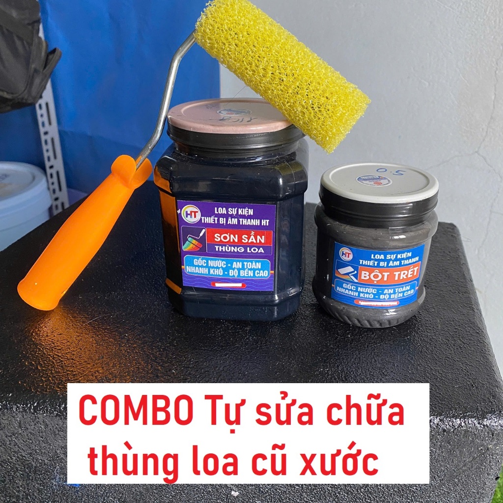 COMBO Tự Sửa Chữa Thùng Loa Cũ | 1KG Sơn Sần + 0.5KG Bột Trét Gỗ + Con Lăn | Phục Hồi Loa Kéo, Loa K