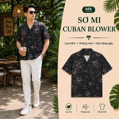 Áo Sơ Mi Cuban nam Blower MKCLEVER chất lụa mềm mịn, thoáng mát, thấm hút, chống nhăn, form rộng mặc hằng ngày