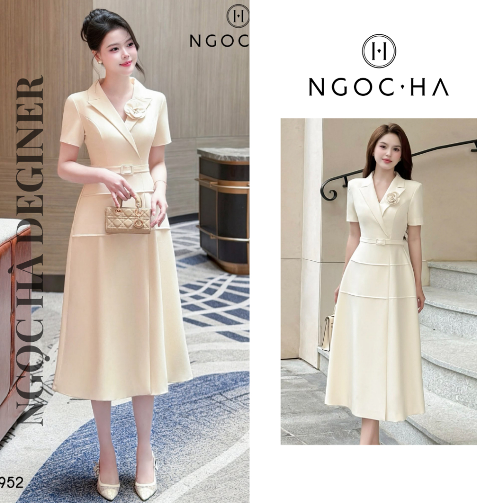 Đầm công sở, Váy dáng dài Louisa Dress Đầm Cổ Vest Cài Hoa Tùng May Gân Nổi Kèm Đai Màu Bee D952