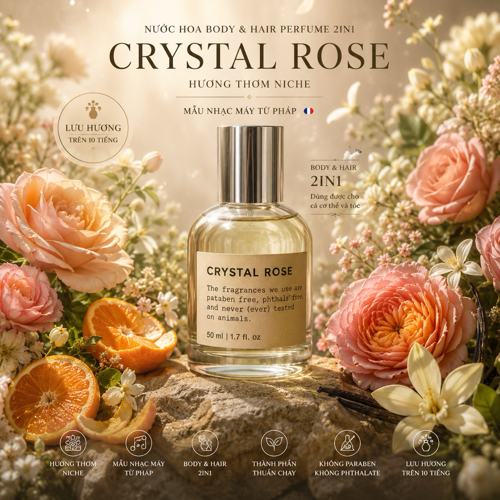 NƯỚC HOA CRYSTAL ROSE (𝐒𝐰𝐢𝐬𝐬 𝐀𝐫𝐚𝐛𝐢𝐚𝐧) Tóc&Body 2in1 - Mã NICHE mẫu từ nhà máy tại Pháp (Mẫu 3)