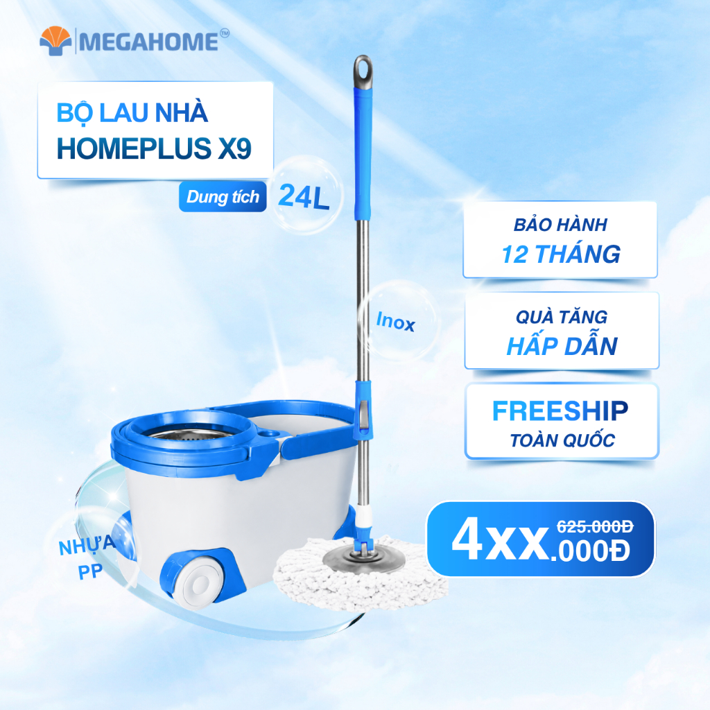 [Tặng 1 bông] Bộ lau nhà Homeplus X9 Megahome dung tích 24l, lồng vắt inox, mâm inox, xoay 360 độ