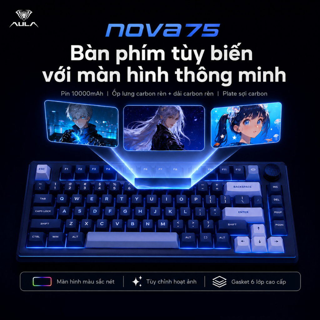 Bàn Phím Cơ Không Dây Gaming AULA NOVA 75 - 3 Mode - TFT Screen - Núm xoay - Có Tạ | BigBuy360 - bigbuy360.vn