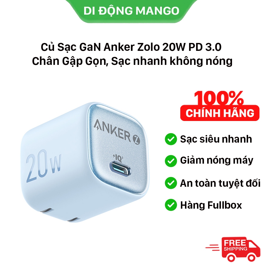 Củ Sạc GaN Anker Zolo 20W PD 3.0 Chân Gập Gọn, Sạc Nhanh Không Nóng