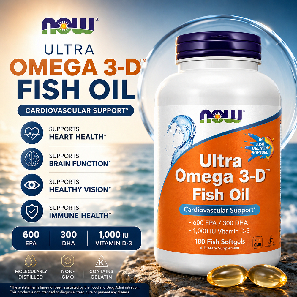NOW Ultra Omega 3-D Fish Oil Chính Hãng – 600 EPA / 300 DHA, Vitamin D3 1000 IU, 180 Viên Nang Mềm D