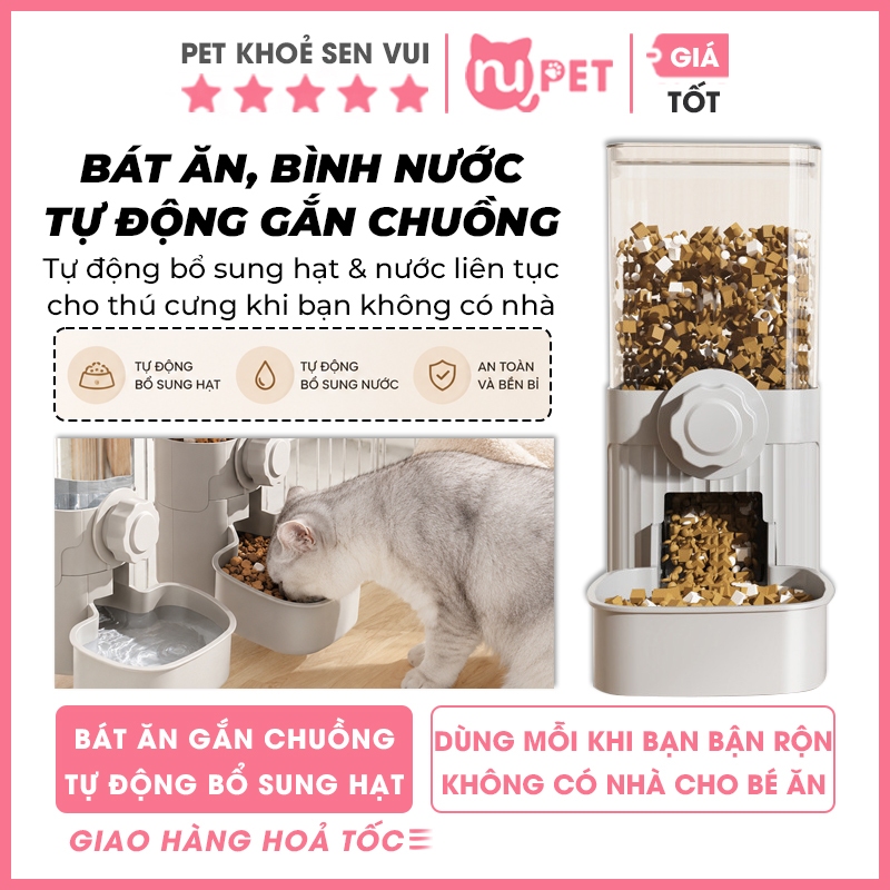 Bát ăn gắn chuồng bổ sung hạt cho mèo Nupet, bình nước treo chuồng cho chó mèo, thiết kế tháo rời