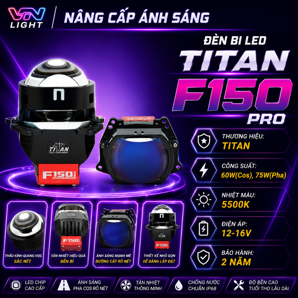 Đèn Bi LED Titan F150 Pro 75W Chính Hãng Siêu Sáng Cos Pha Rõ Nét Bám Đường Tốt Cao Cấp BH 2 Năm