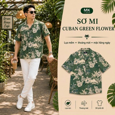 Áo sơ mi nam Green Flower MKCLEVER chất vải đũi tơ thoáng mát, form regular dễ mặc, phong cách trẻ trung