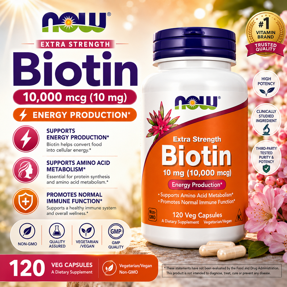 NOW Foods Extra Strength Biotin 10mg (10.000mcg) Veg Capsules – Viên Nang Chay Biotin Hàm Lượng Cao