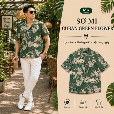 Áo sơ mi nam Cuban Green Flower MKCLEVER chất vải đũi tơ hàn thoáng mát, phong cách, năng động