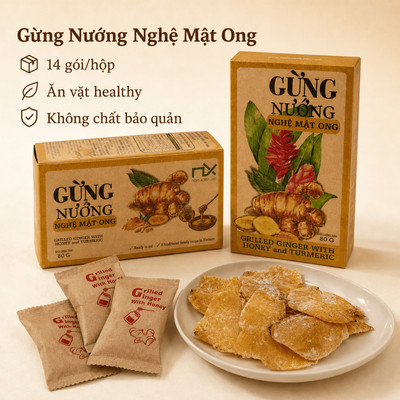Hộp Gừng Nướng Ăn Vặt Nam Xanh, Gừng Nướng Nghệ Mật Ong, Ăn Vặt Healthy, Không Chất Bảo Quản, 14 Gói
