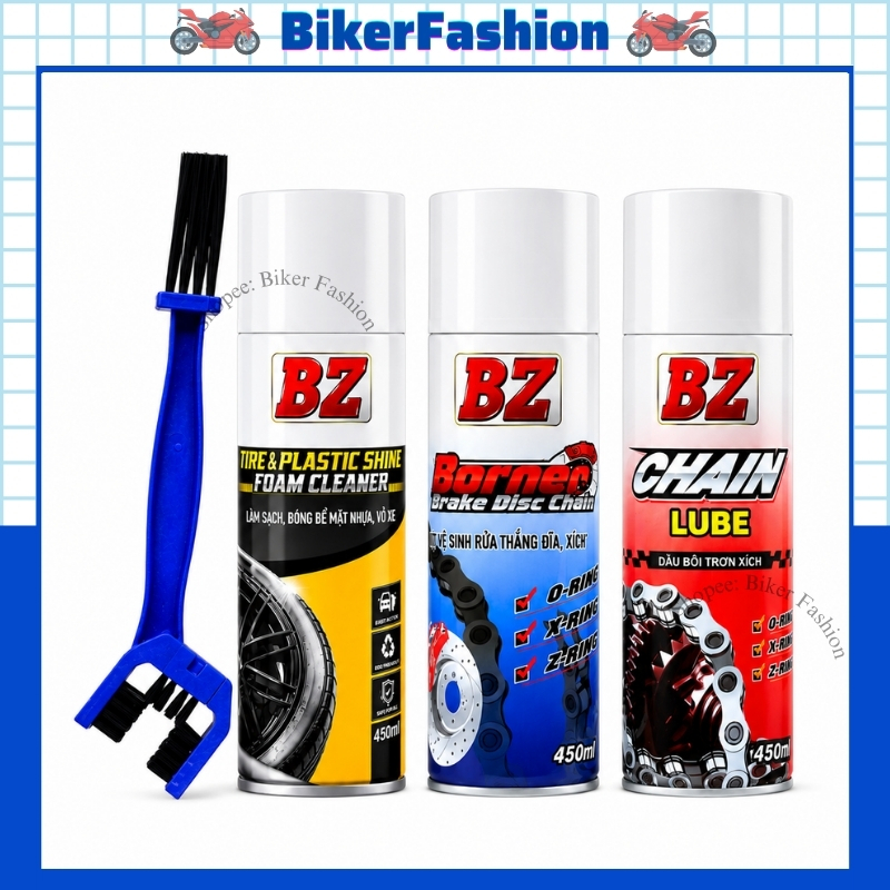 Combo vệ sinh sên xe máy BZ gồm Bôi trơn dưỡng sên BZ + Rửa sên BZ + Bàn chải sên 3D