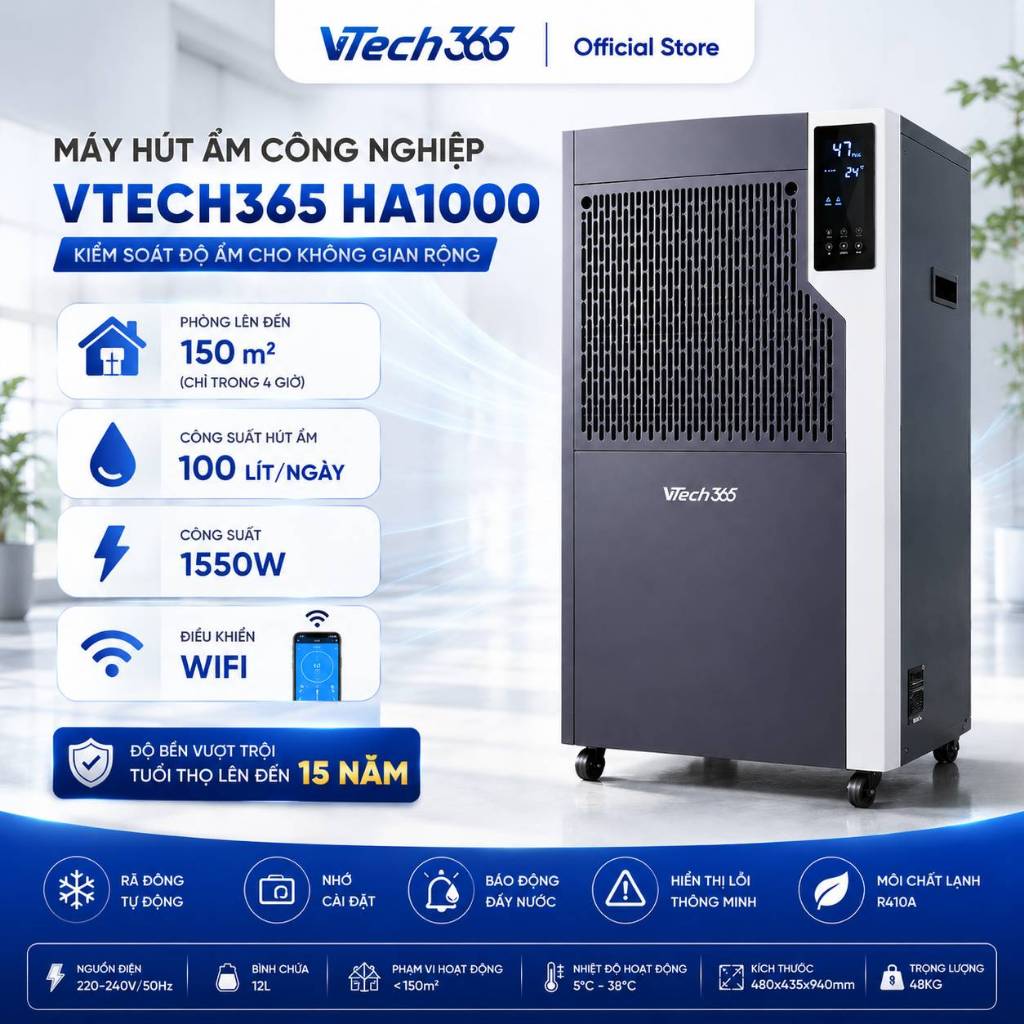 Máy Hút Ẩm công nghiệp VTech365 HA1000, điều khiển Wifi, công suất lớn, phòng 150m2