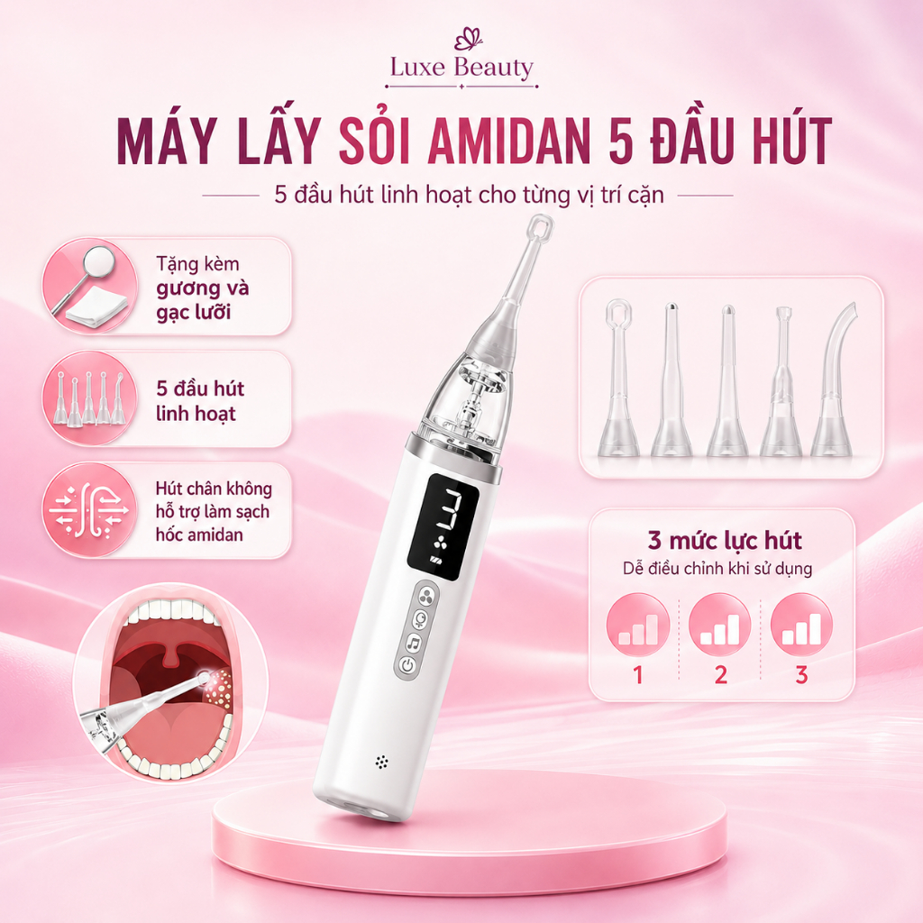 Máy hút sỏi amidan 5 đầu hút loại bỏ sỏi , giảm đau viêm tặng kèm gương và gạc lưỡi CSSD124 Luxe Bea