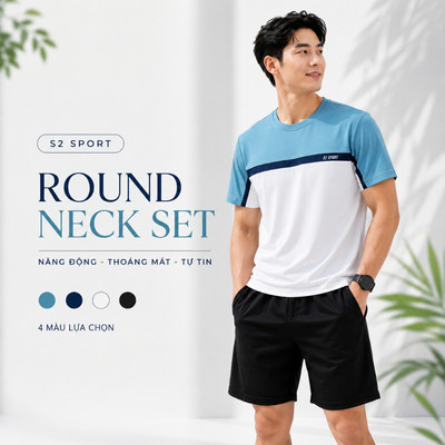 Bộ đồ thể thao nam S2 SPORT cổ tròn phối màu co giãn, thoáng khí mặc hè thoải mái vận động - BTT02