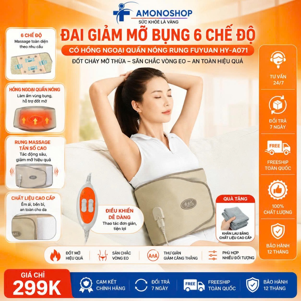 Đai Giảm Mỡ Bụng 6 Chế Độ có Hồng Ngoại Quấn Nóng Rung Fuyuan HY-A071