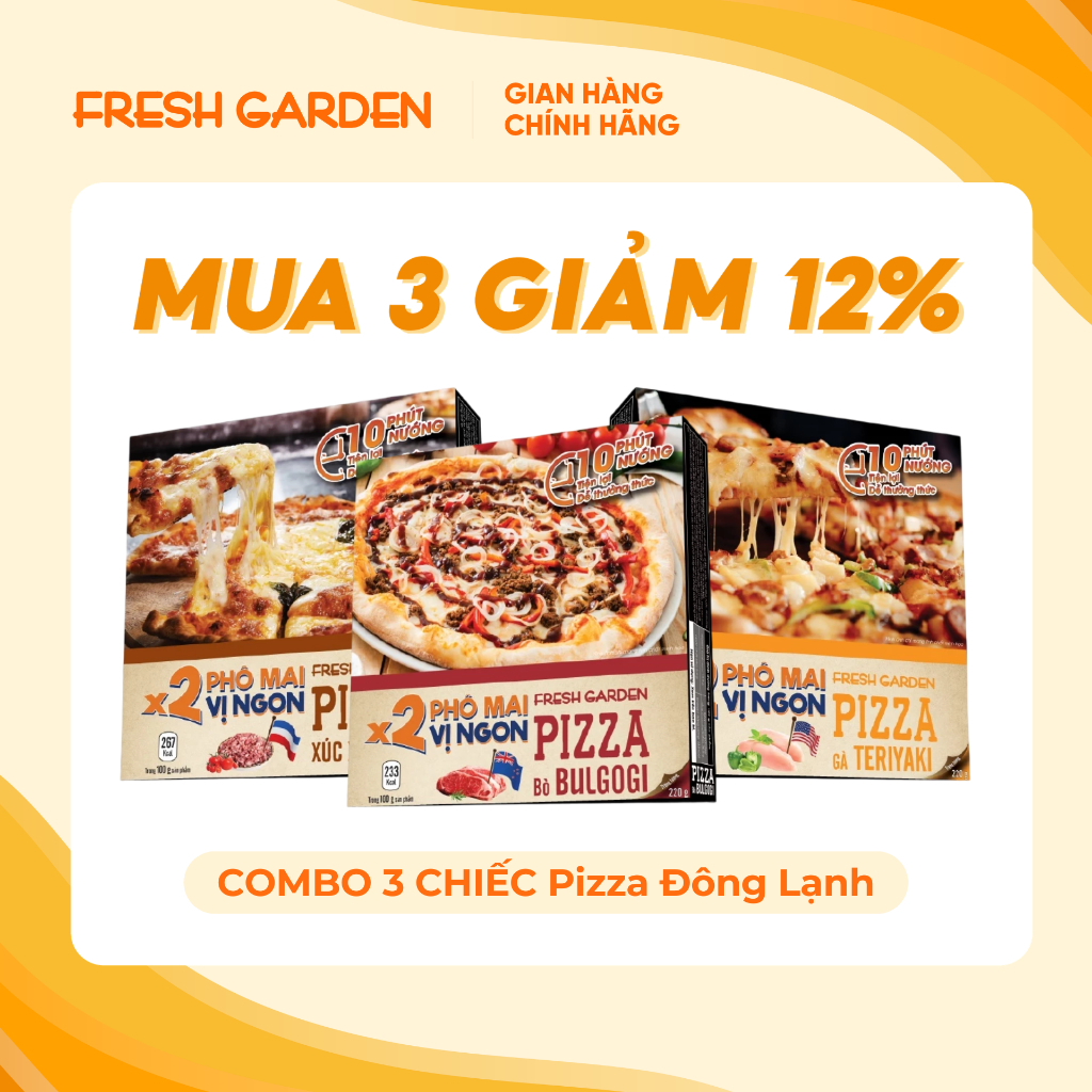 Combo 3 chiếc Pizza Đông Lạnh Fresh Garden, pizza đông lạnh, phô mai thơm ngậy, 120g, 220g