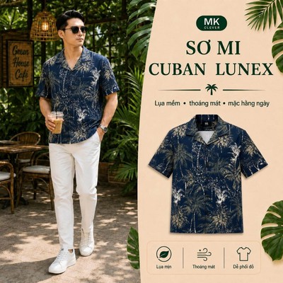 Áo Sơ Mi Cuban nam Lunex MK CLEVER Chất lụa mềm mịn thoáng mát, thấm hút tốt, form rộng hằng ngày