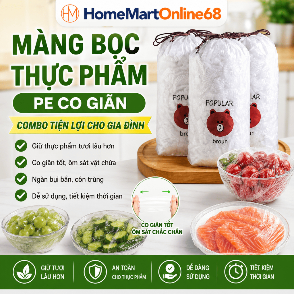 COMBO 10 Túi Màng Bọc Thực Phẩm PE, Túi Gấu Có Chun Bọc Đồ Ăn Co Giãn Siêu Dai, Bọc Thực Phẩm Tủ Lạn