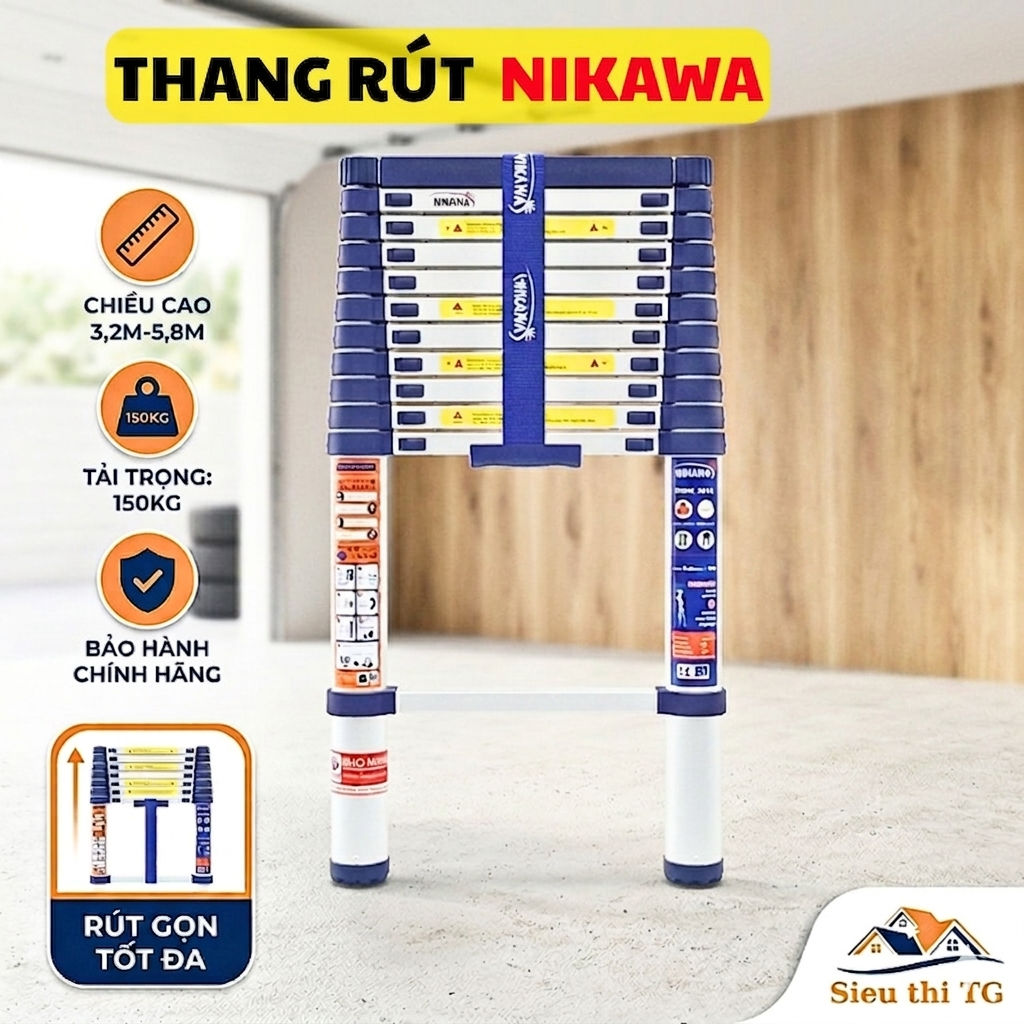 [CHÍNH HÃNG] Thang nhôm rút đơn Nikawa Nhật Bản 5m4, 5m NK50, 4m8 NK48, 4m4 NK44, 3m8 NK38, 3m2 NK32