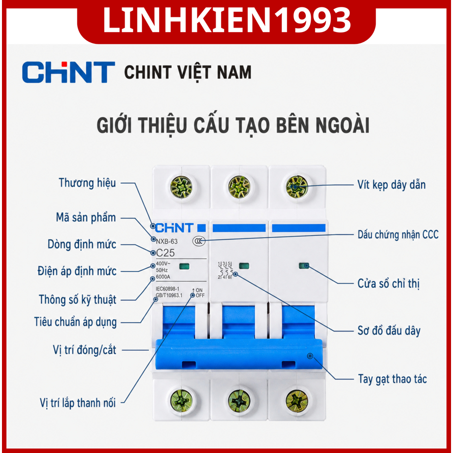 Aptomat CHINT NXB-63 C25 3P 25A 6KA MCB 3 Pha Cầu Dao Tự Động Chống Quá Tải Ngắn Mạch Chính Hãng