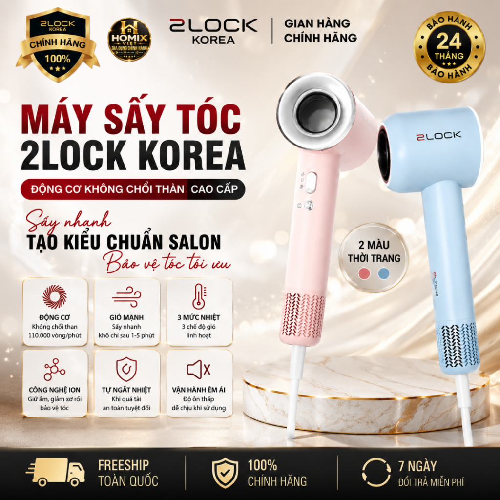 Máy Sấy Tóc 2Lock Korea Cao Cấp, Động Cơ Không Chổi Than, Êm Ái, Giảm Xơ Rối