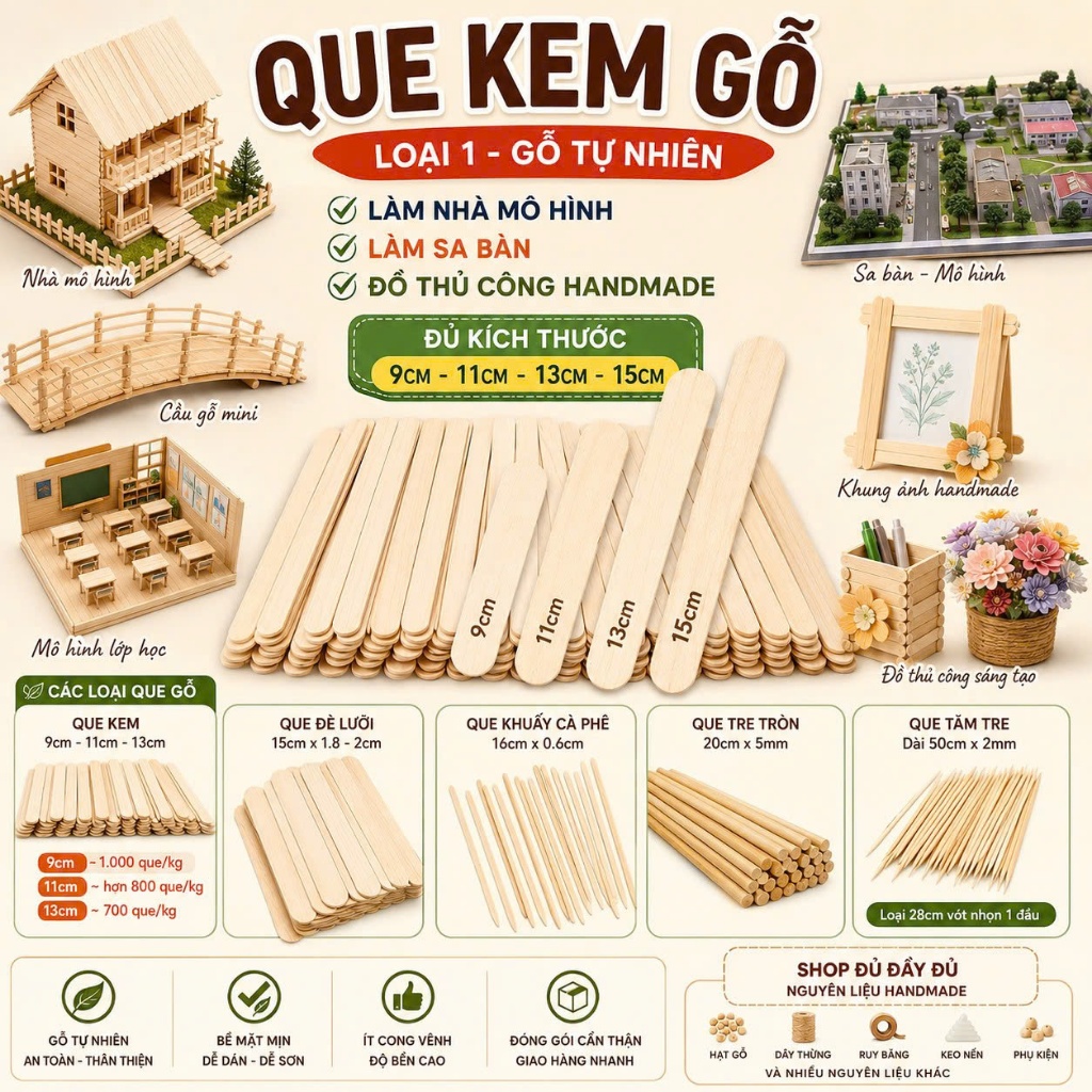 Que Kem Gỗ Loại 1 1Kg Làm Nhà Mô Hình Sa Bàn Handmade DIY Que Kem 9cm 11cm 14cm Que Đè Lưỡi Que Tre Tròn
