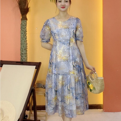 Đầm suông xòe trung niên cho mẹ - Cổ tròn tay ngắn - Xanh họa tiết - TTV2072