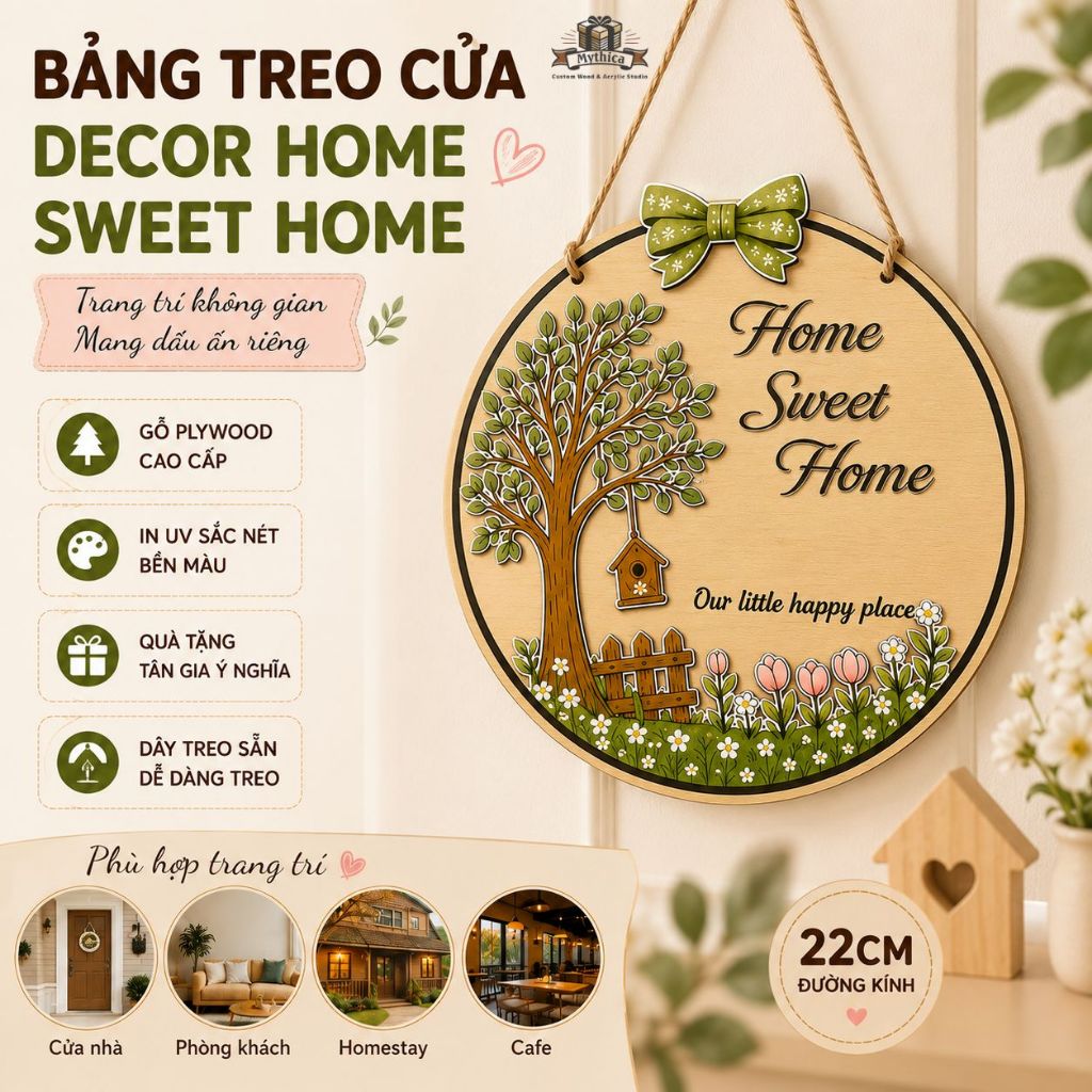 Biển 1 mặt - Treo Cửa Gỗ Decor Gia Đình | Bảng Welcome Treo Cửa Home Sweet Home Quà Tặng Tân Gia