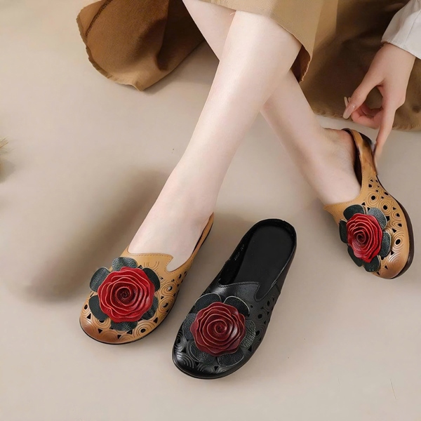 D144 Dép Sục Nữ Da Bò Thật LABAG 3 Phân Đính Hoa Hồng - Giày Sục Bít Mũi Nữ Công Sở Cao Cấp, Êm Chân