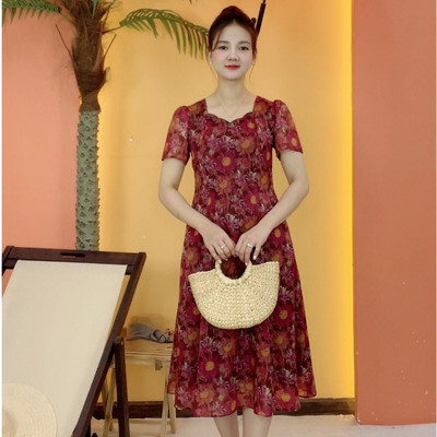 Đầm xòe 8 mảnh trung niên cho mẹ - Cổ sóng nước tay ngắn - Đỏ hoa - TTV2073