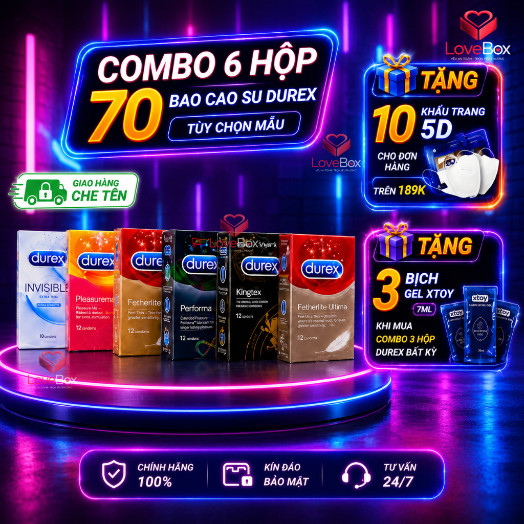 Combo Bao Cao Su bcs Durex Performa bền bỉ chậm xuất tinh, Invisible siêu mỏng gân gai PleasureMax, 