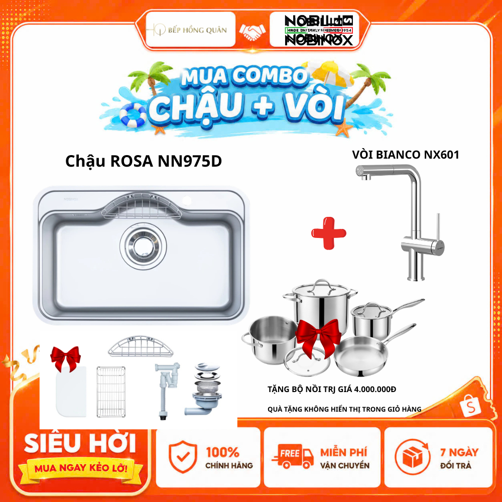 CHẬU RỬA BÁT 1 HỐ NOBINOX ROSA NN975D + VÒI BIANCO NX601 - TẶNG BỘ NỒI NX800. HÀNG CHÍNH HÃNG NOBINO