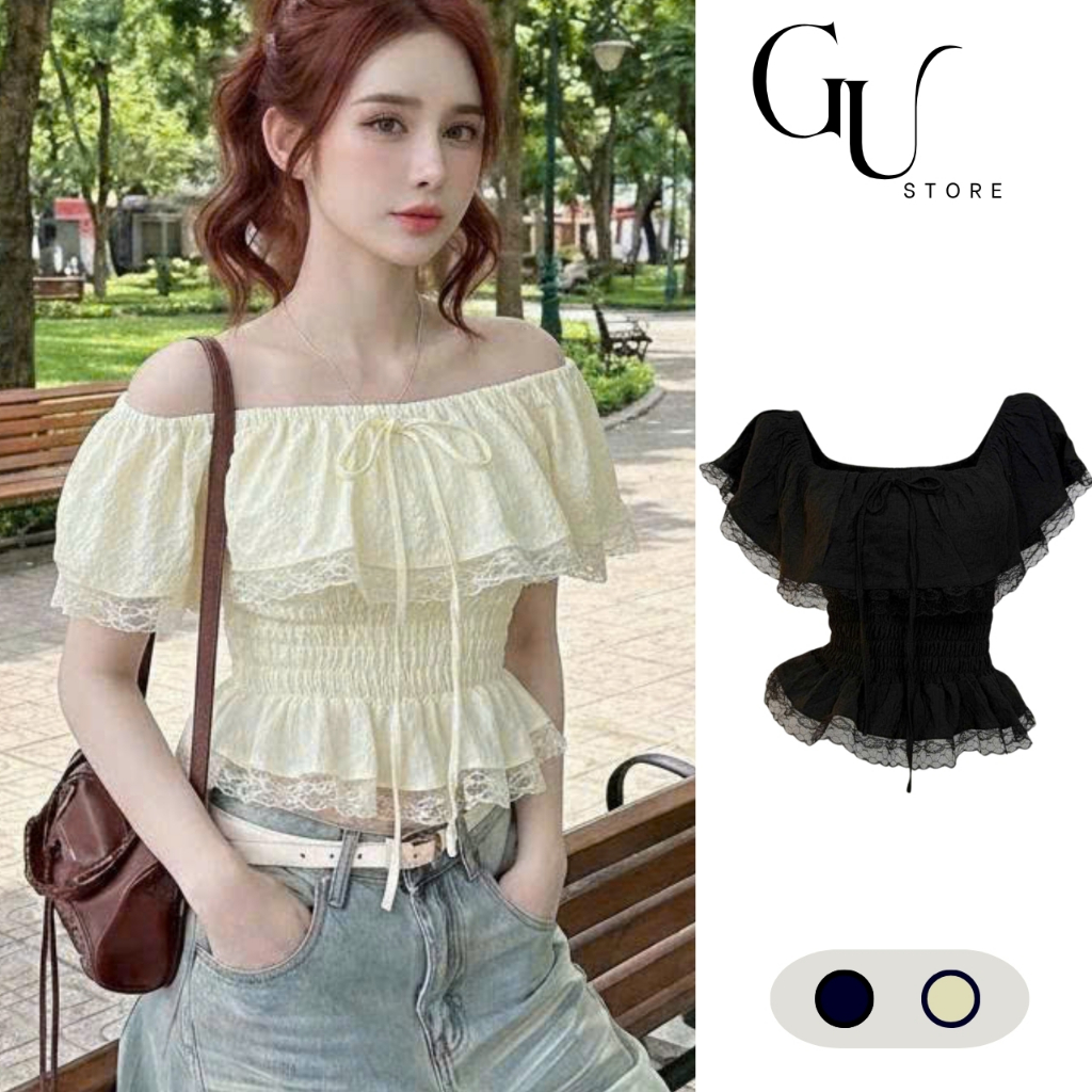 Áo Trễ Vai Nữ Phối Ren Bèo Eo Bo Chun - Áo Kiểu Nữ Cổ Trễ Buộc Dây Nơ Phong Cách Sexy Tiểu Thư GU STORE