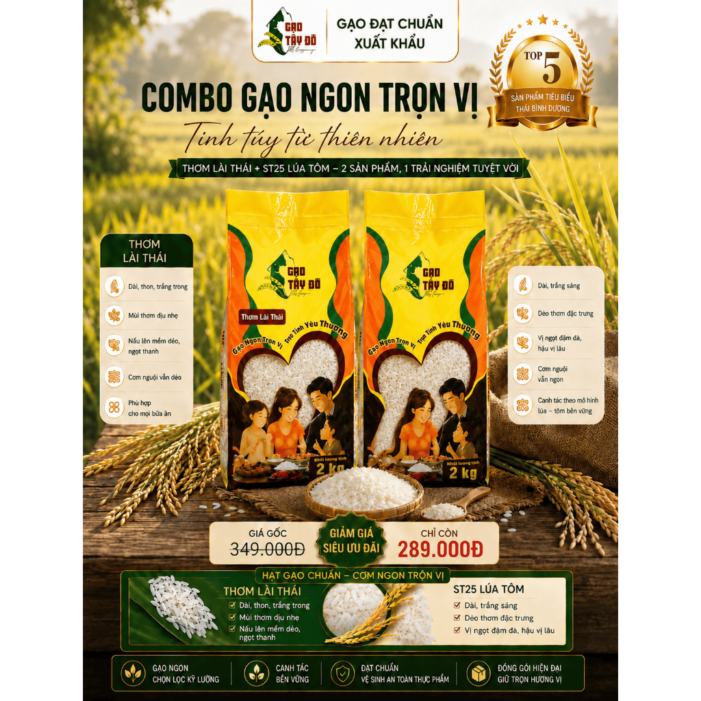 [CB2] Combo 4Kg Gạo Tây Đô Kim Cương 2Kg Thơm Lài Thái + 2Kg ST25 Lúa Tôm - Gạo Ngon, Thơm Dẻo