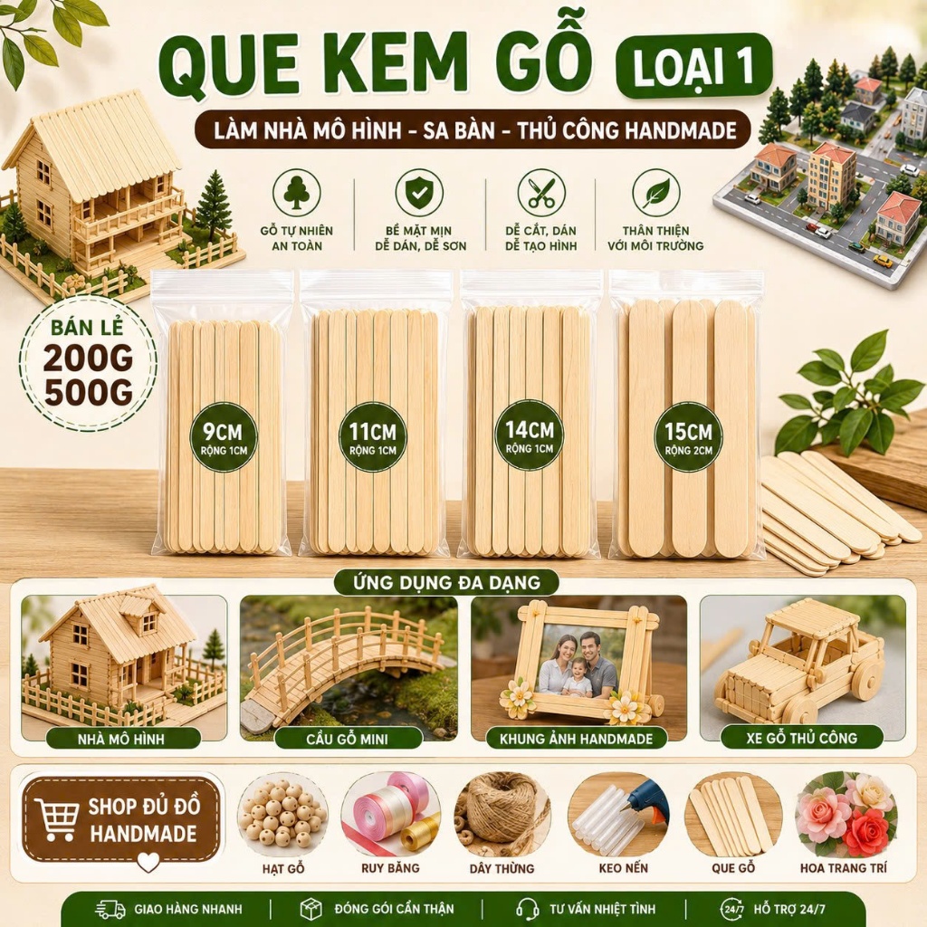 Que kem gỗ làm đồ handmade, đồ thủ công, làm kem chất lượng tốt 9-15cm bó 200g
