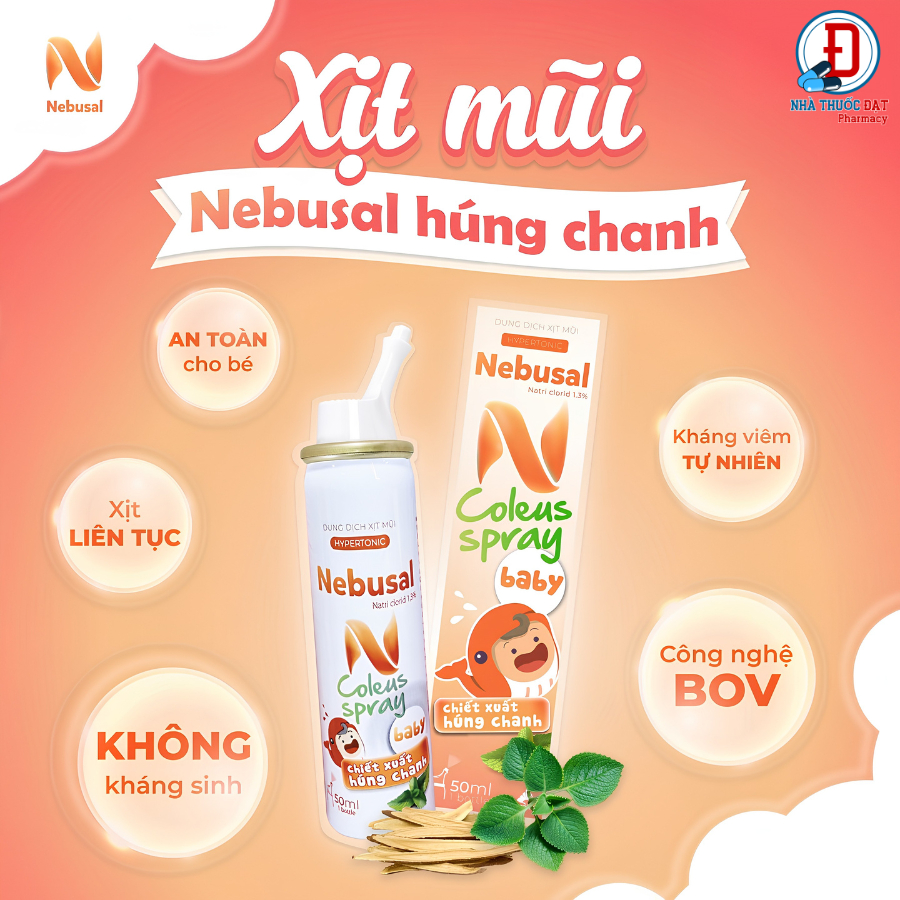 XỊT MŨI HÚNG CHANH NEBUSAL COLEUS - Giảm Sổ Mũi Nghẹt Mũi, Viêm Mũi Cho Trẻ Mọi Lứa Tuổi | Chai 50ML