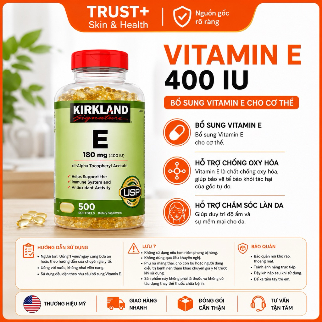 ViênBổ Sung Vitamin E Kirkland 400 IU 500 Softgels