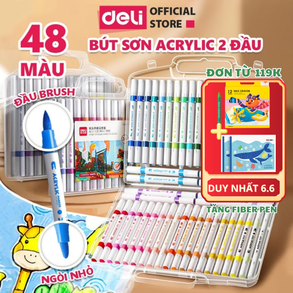 [TẶNG 12M SÁP+VỞ VẼ] Bút Sơn Acrylic Marker 2 Đầu Deli Bút Màu Acrylic Ngòi Chóp + Brush - Vẽ Mọi Ch
