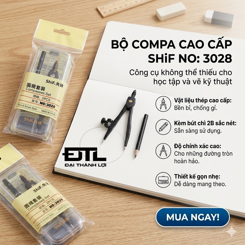 COMPA Bút Chì Gỗ/ Compa Kẹp Chì Gỗ Thân Đen SHIF 3110, 3131, 3028 Vẽ Kỹ Thuật Hình Tròn Dành Cho Học