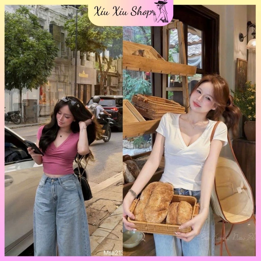 Áo Phông Cổ Tim Chéo Nữ Mã 2139 – Áo Thun Tôn Dáng, Thanh Lịch Phong Cách Hàn Quốc